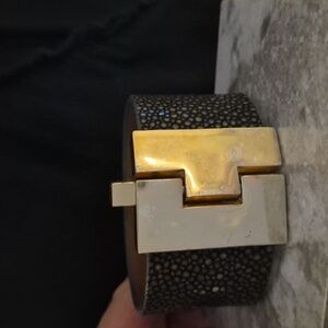 LEIGHELENA Wide Gold Hologram Stingray Leather Black/taupe Jigsaw Cuff SZ M